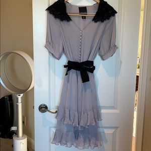 Light gray chiffon dress with lace on shoulders